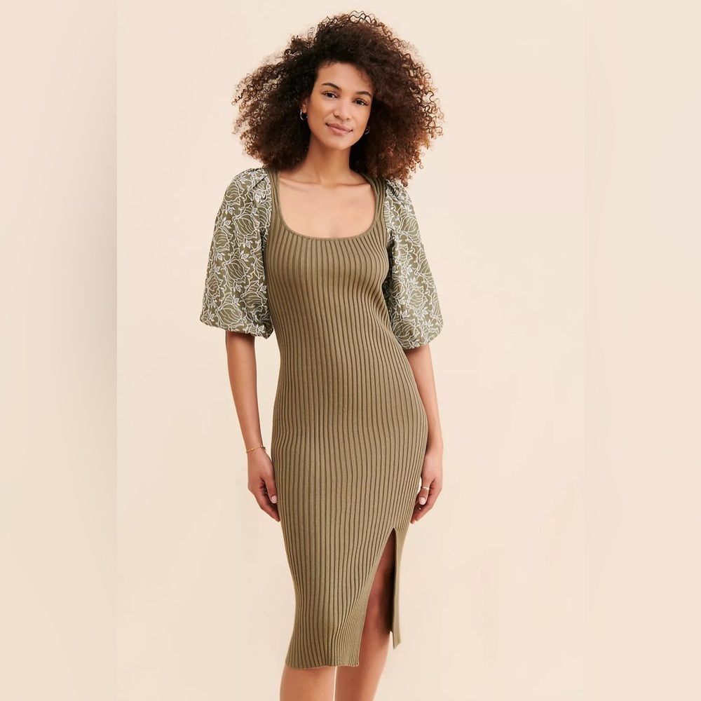 Dolan Olive Green Left Coast Embroidered Sleeves Knit Midi Dress Size Medium